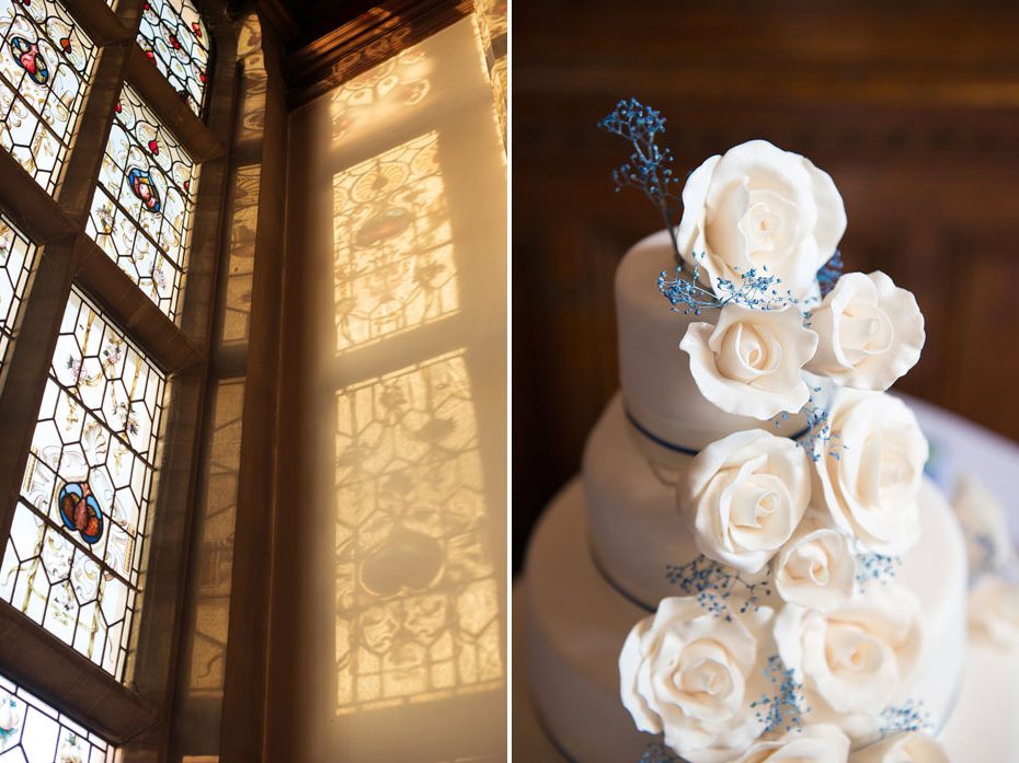 Cream and blue wedding cake