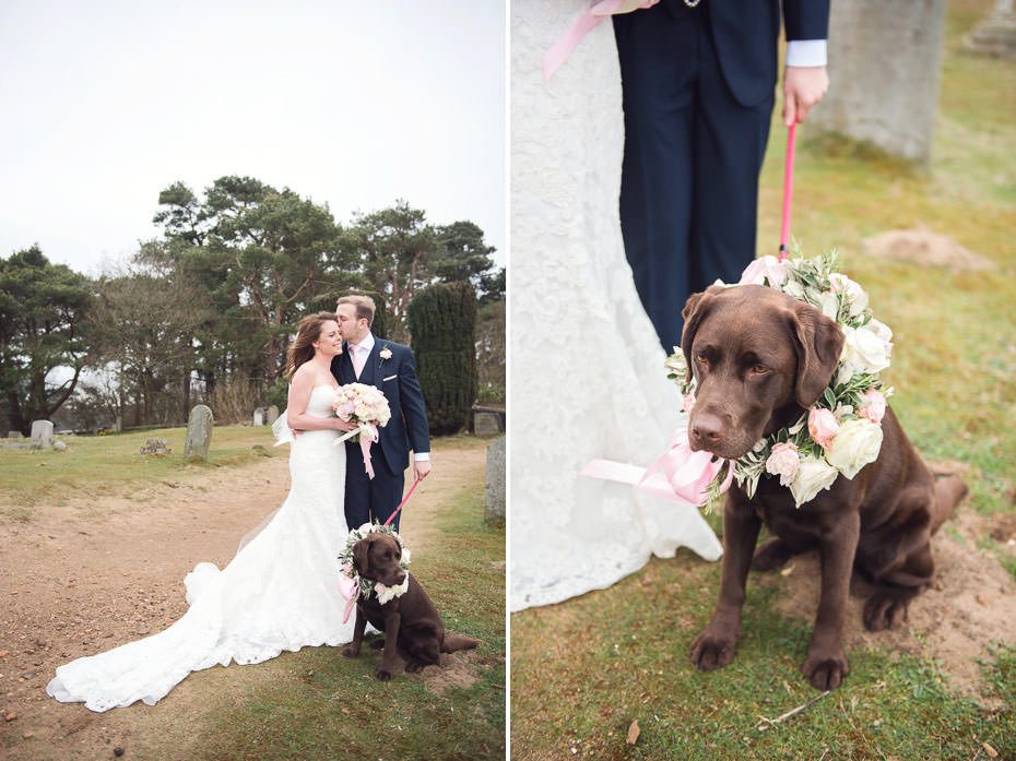 Dogs at wedding look so cute in a floral garland.