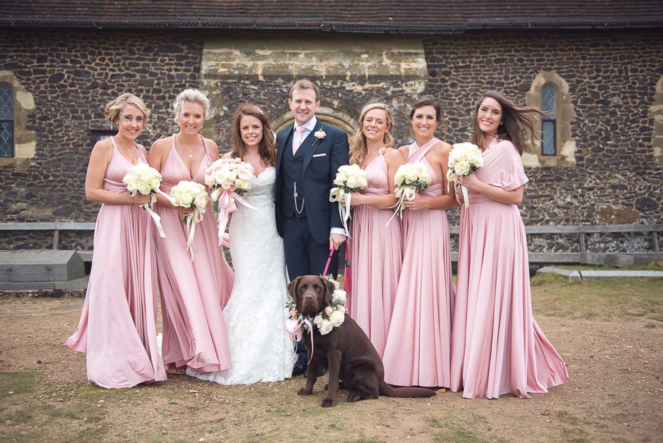 Wedding party with bridesmaids in Two Birds pink and wedding dog with garland.