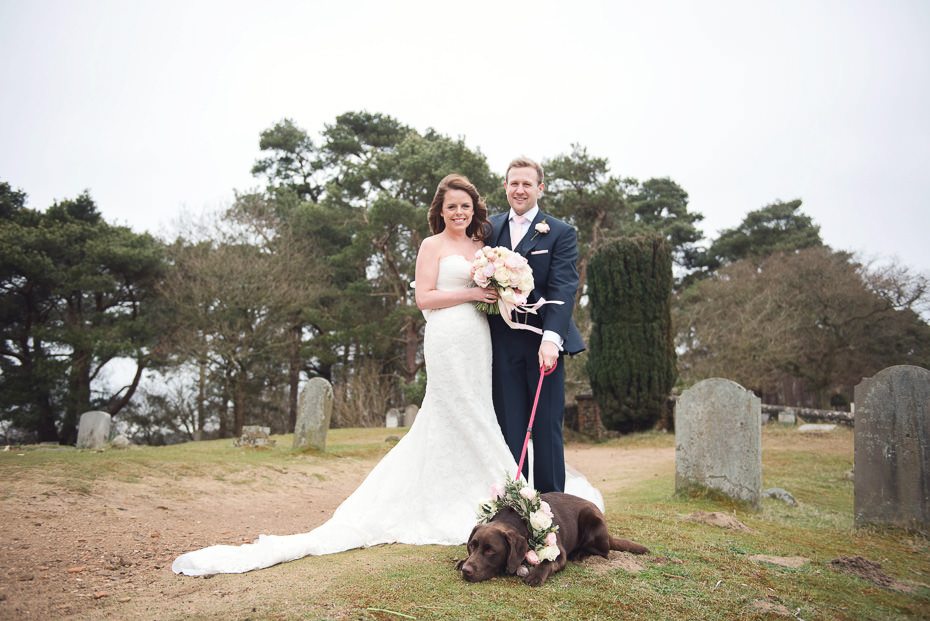 Wedding at St Martha's On The Hill with Molly the family dog wearing a beautiful flloral garland