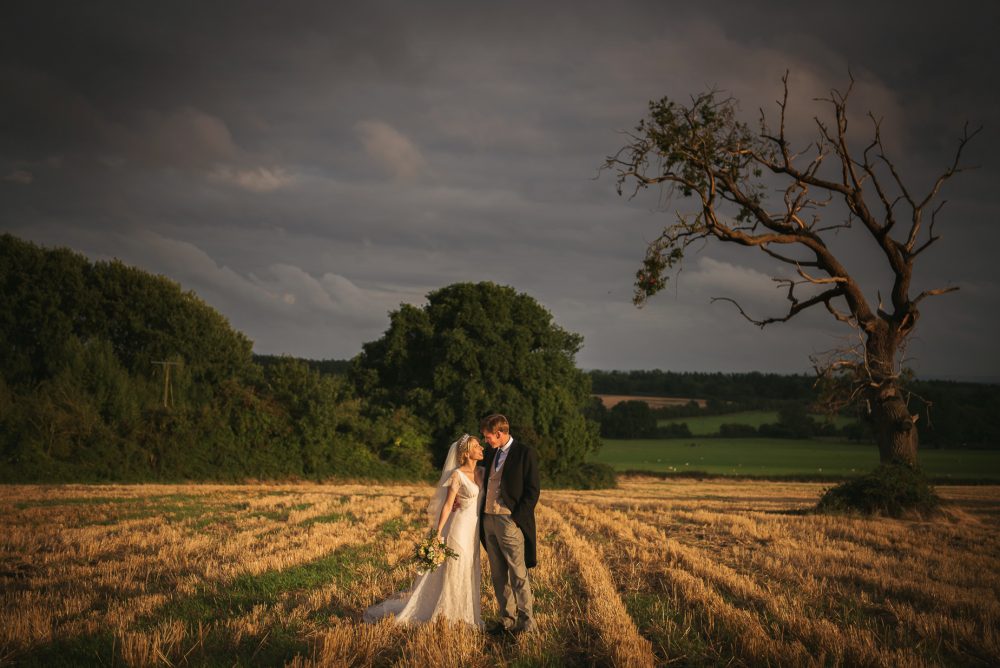 Bride and groom portraits in a corn field