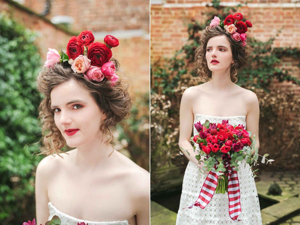 Floral hair designs for 2017 brides featuring red and pink ranunculus