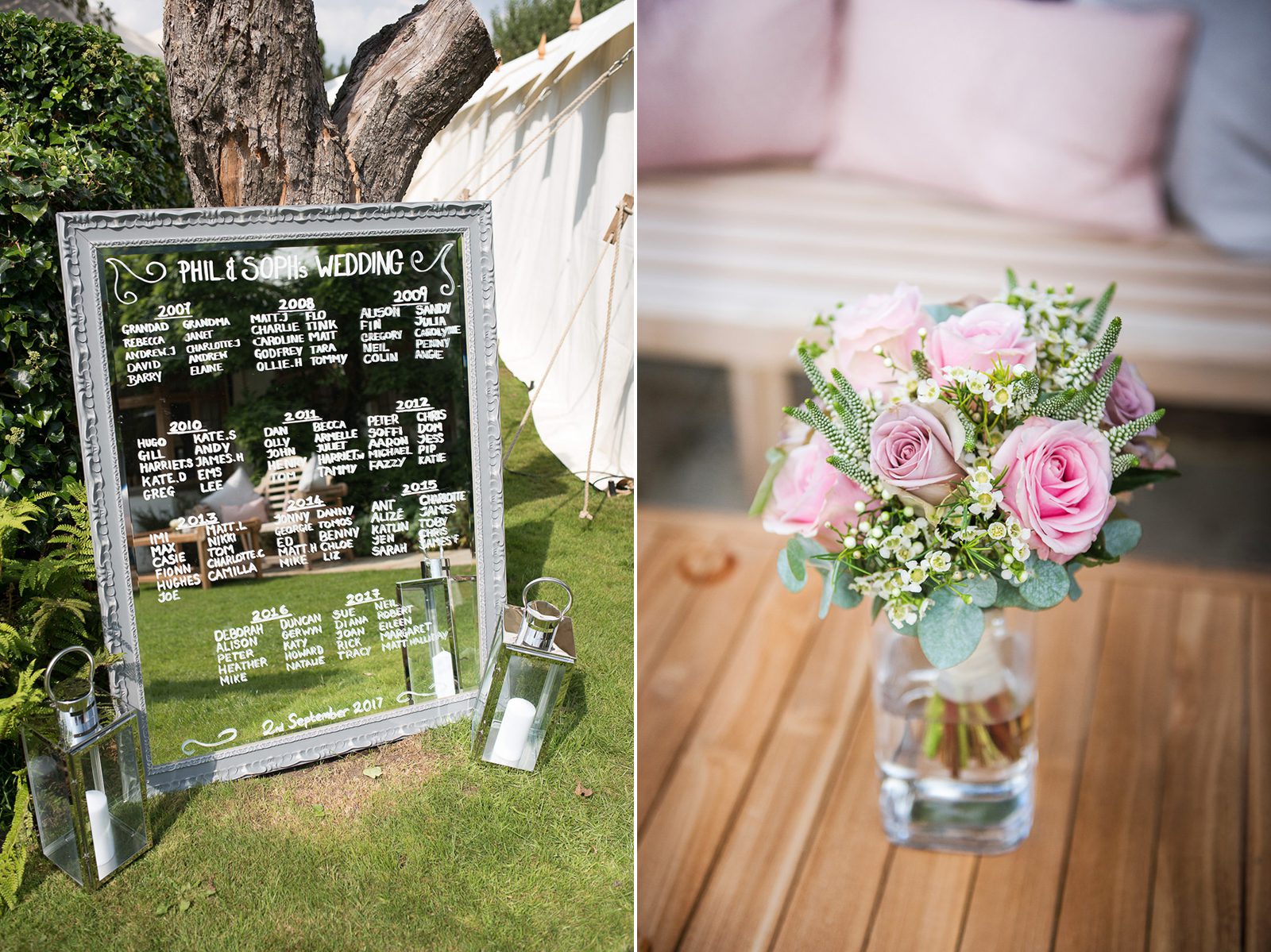 Summer wedding ideas with a large mirror place setting and pink roses.