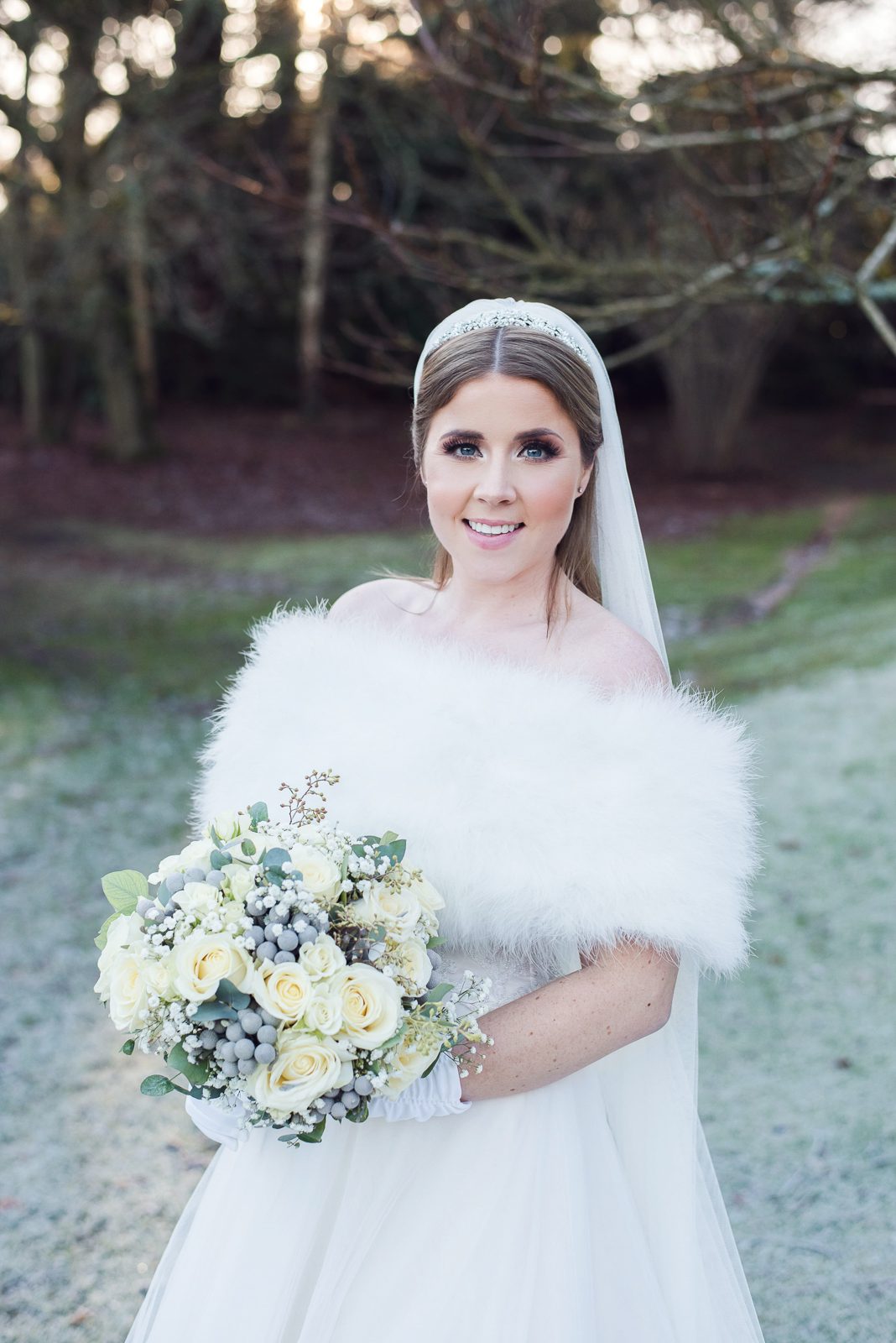Winter bride at a frosty December wedding in Surrey