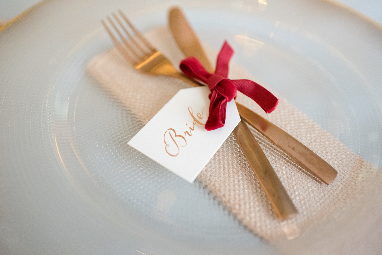 Bride place setting with copper and velvet