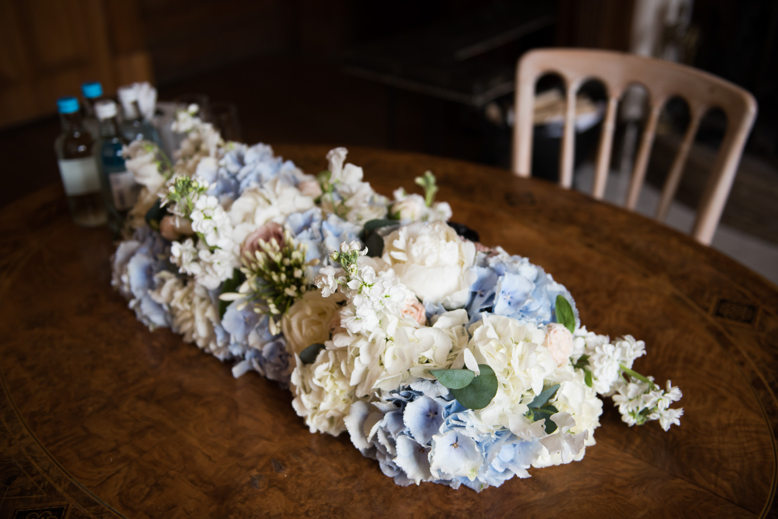 Powder blue hydrangea and white florals for a Spring wedding.