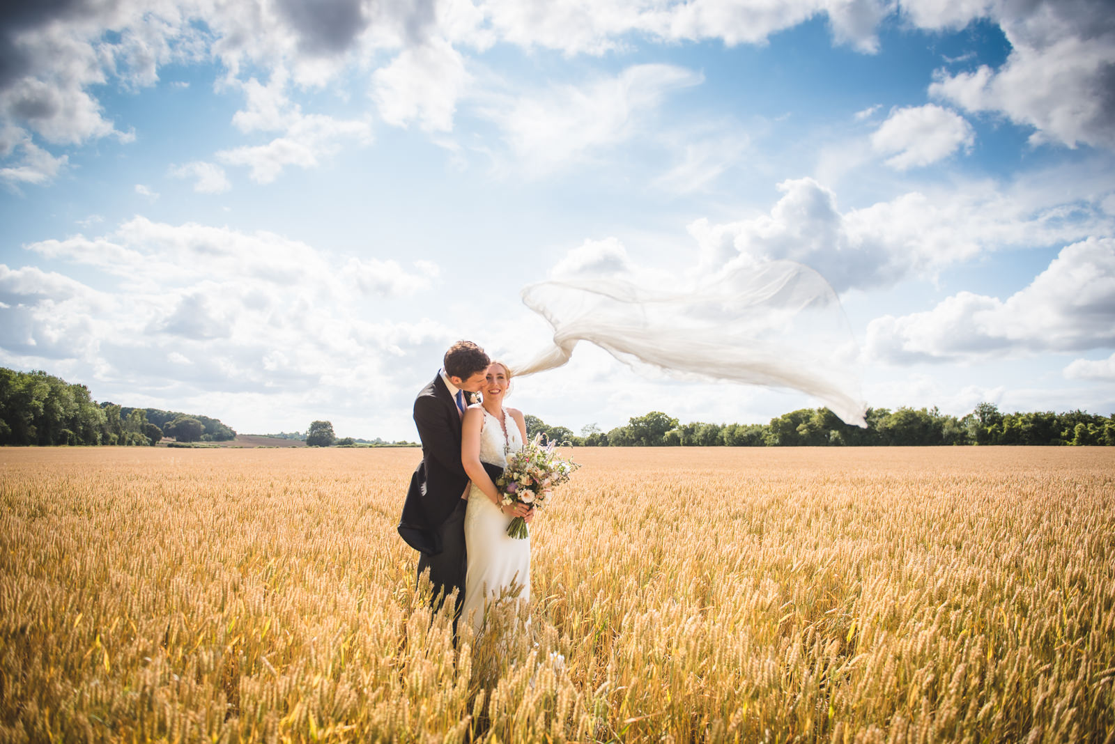 corn field bride and groom portraits with blowing veil.