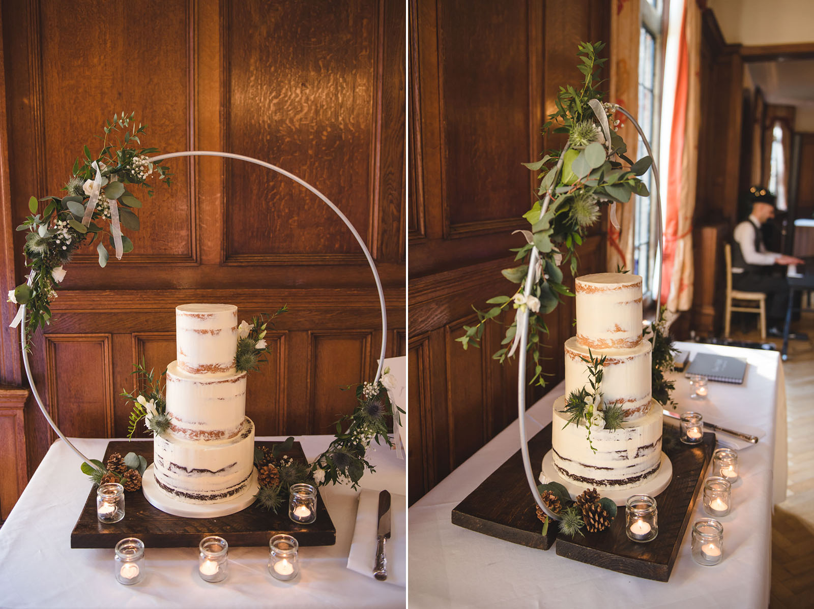 A semi naked wedding cake for two grooms at Pennyhill park in Surrey.