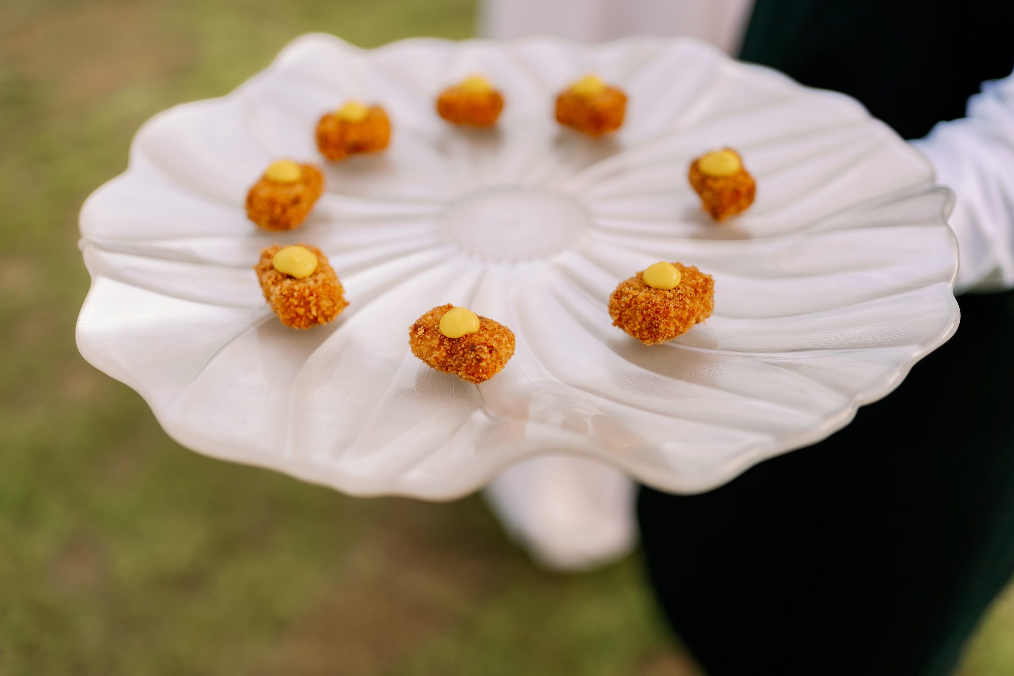 Rhubarb event food at an English homestead wedding.