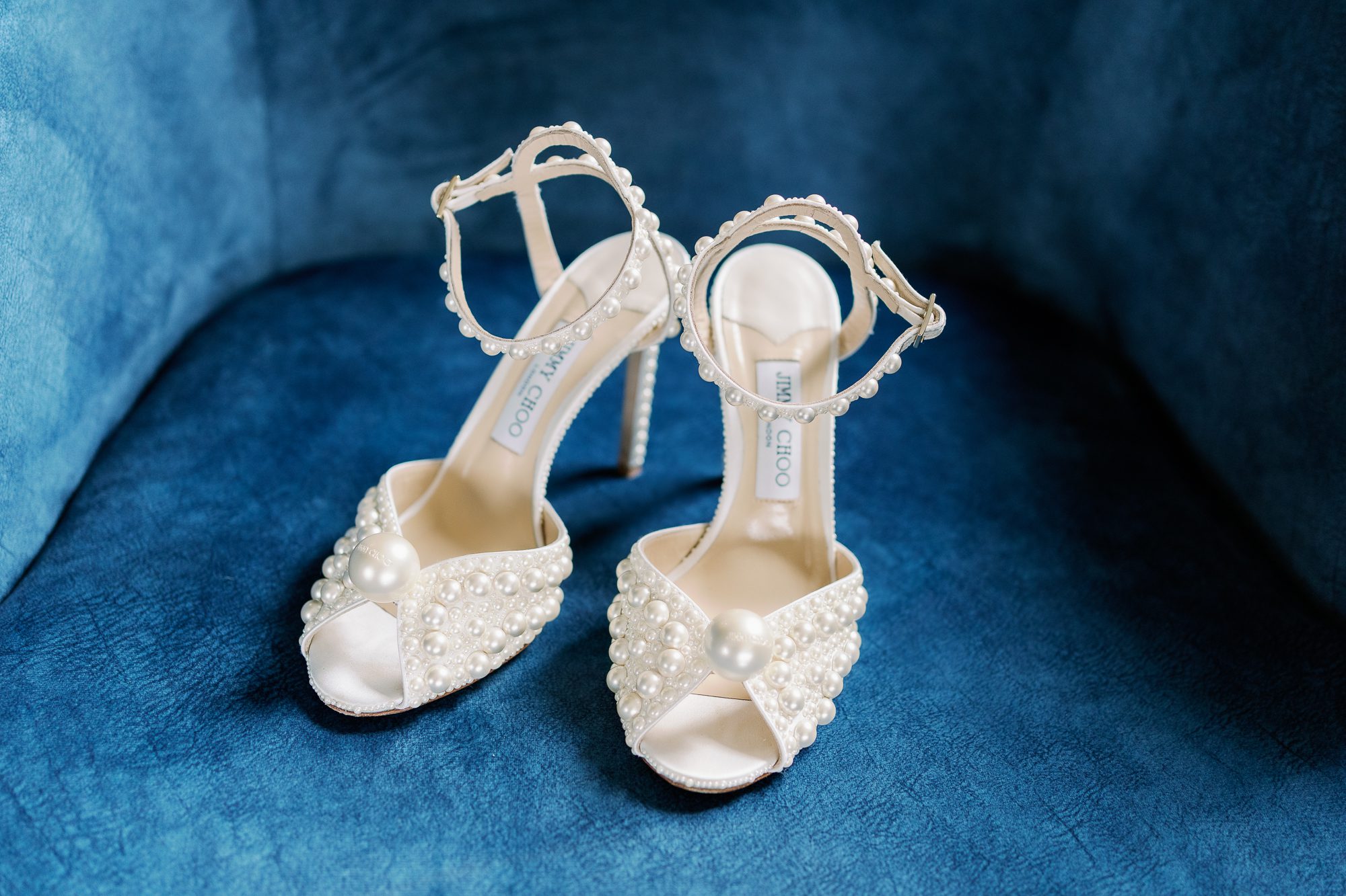 Jimmy Choo SACORA 100 White Satin Sandals with All Over Pearls.