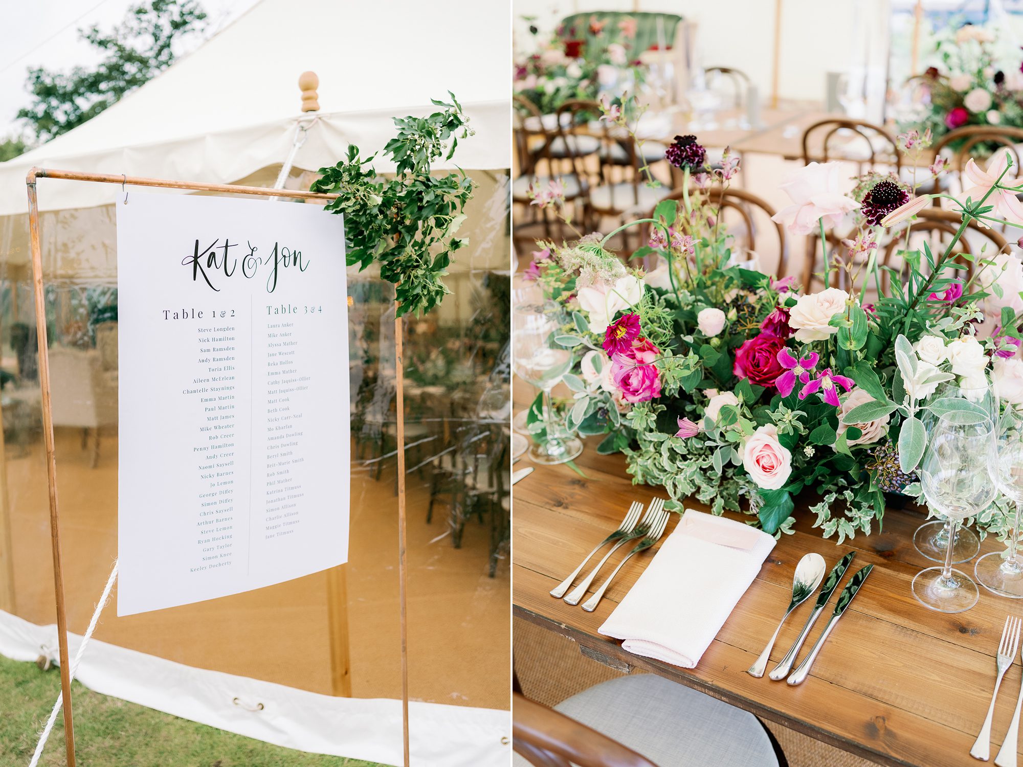 Pretty pinks marquee wedding flowers by Fig & Flower