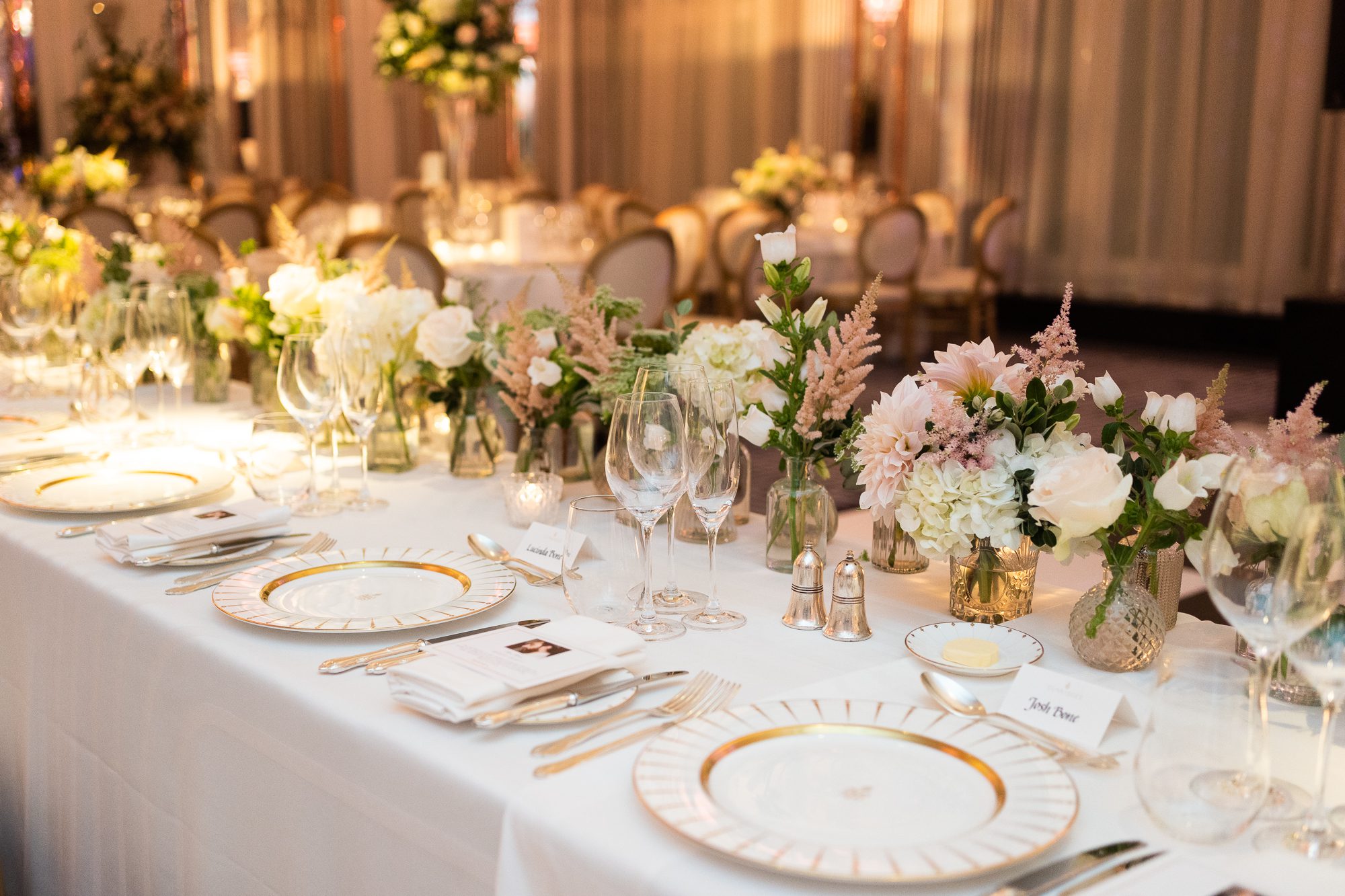 McQueens flowers for a luxury wedding ballroom reception.