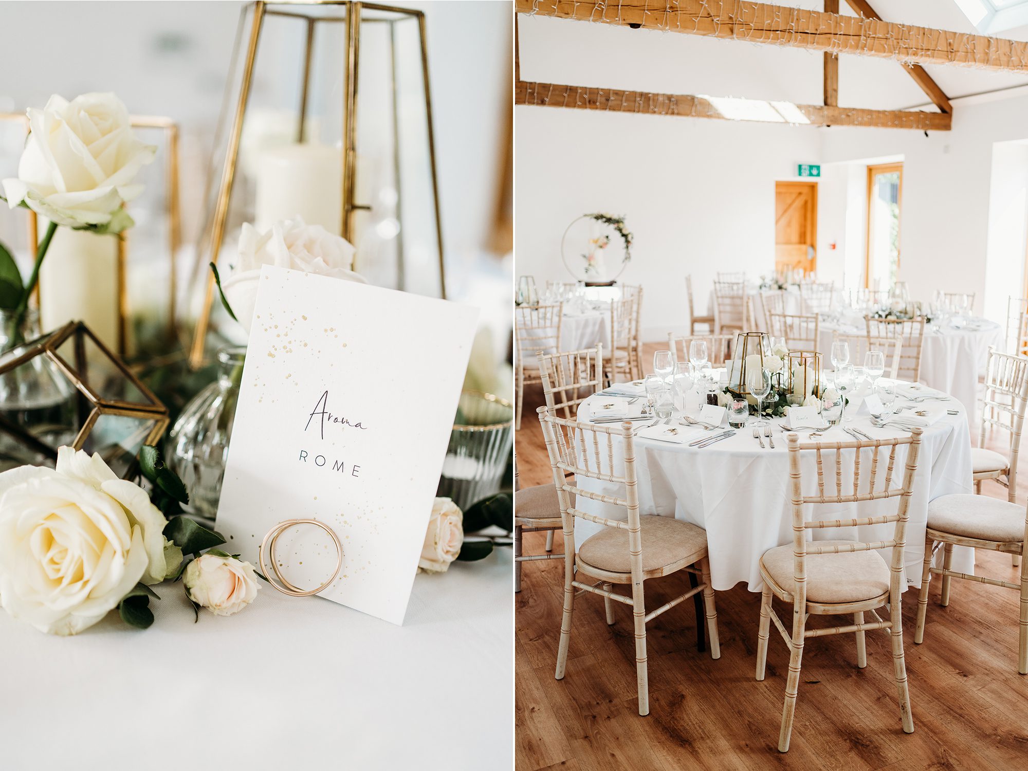 Contemporary clean wedding decor inspiration for a Kent countryside barn reception.