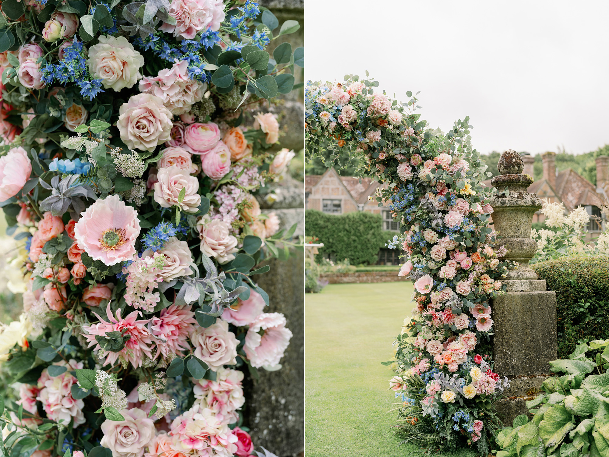 Stunning floral arch installation for an English country garden wedding reception.